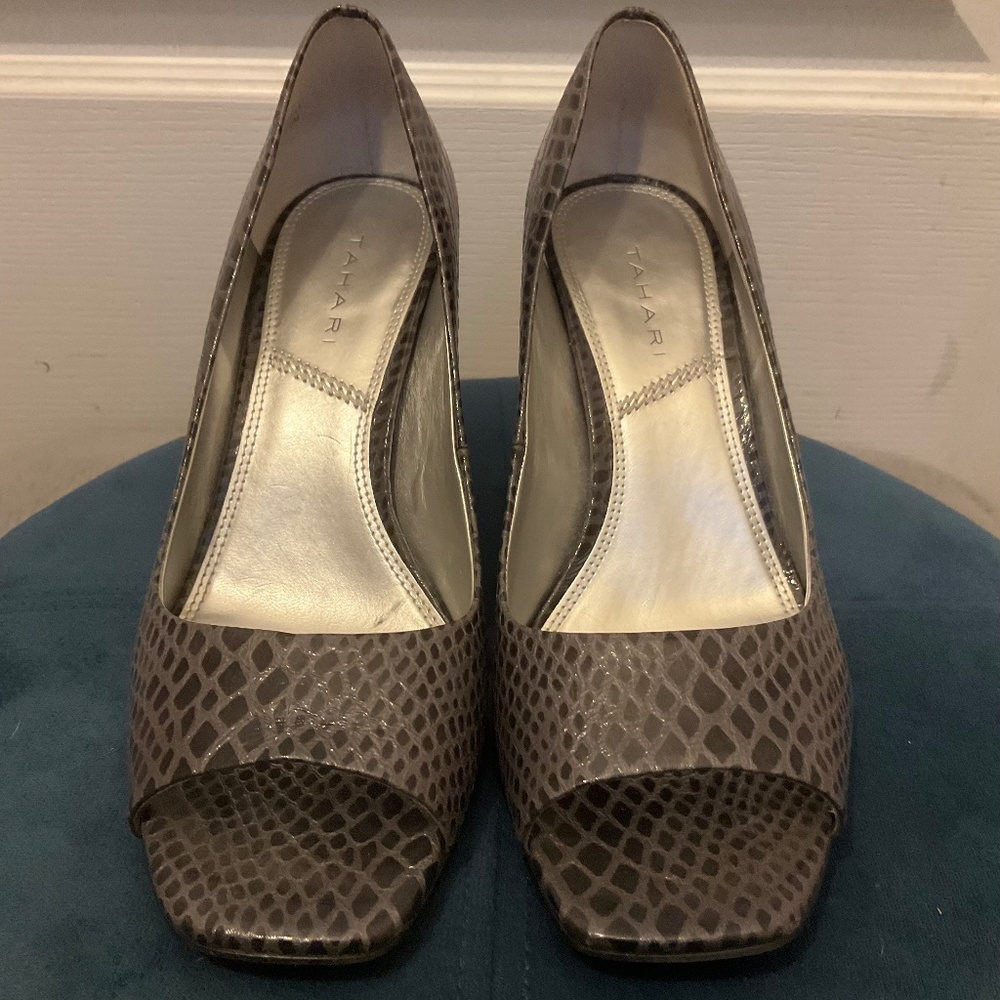 Tamari open toe faux snake skin grey heels